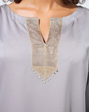 Load image into Gallery viewer, Modest Dress in Light Grey with Golden Embellishment
