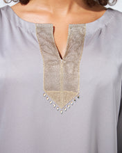 Load image into Gallery viewer, Modest Dress in Light Grey with Golden Embellishment