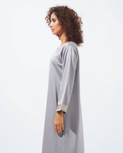 Load image into Gallery viewer, Modest Dress in Light Grey with Golden Embellishment