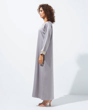 Load image into Gallery viewer, Modest Dress in Light Grey with Golden Embellishment