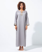 Load image into Gallery viewer, Modest Dress in Light Grey with Golden Embellishment

